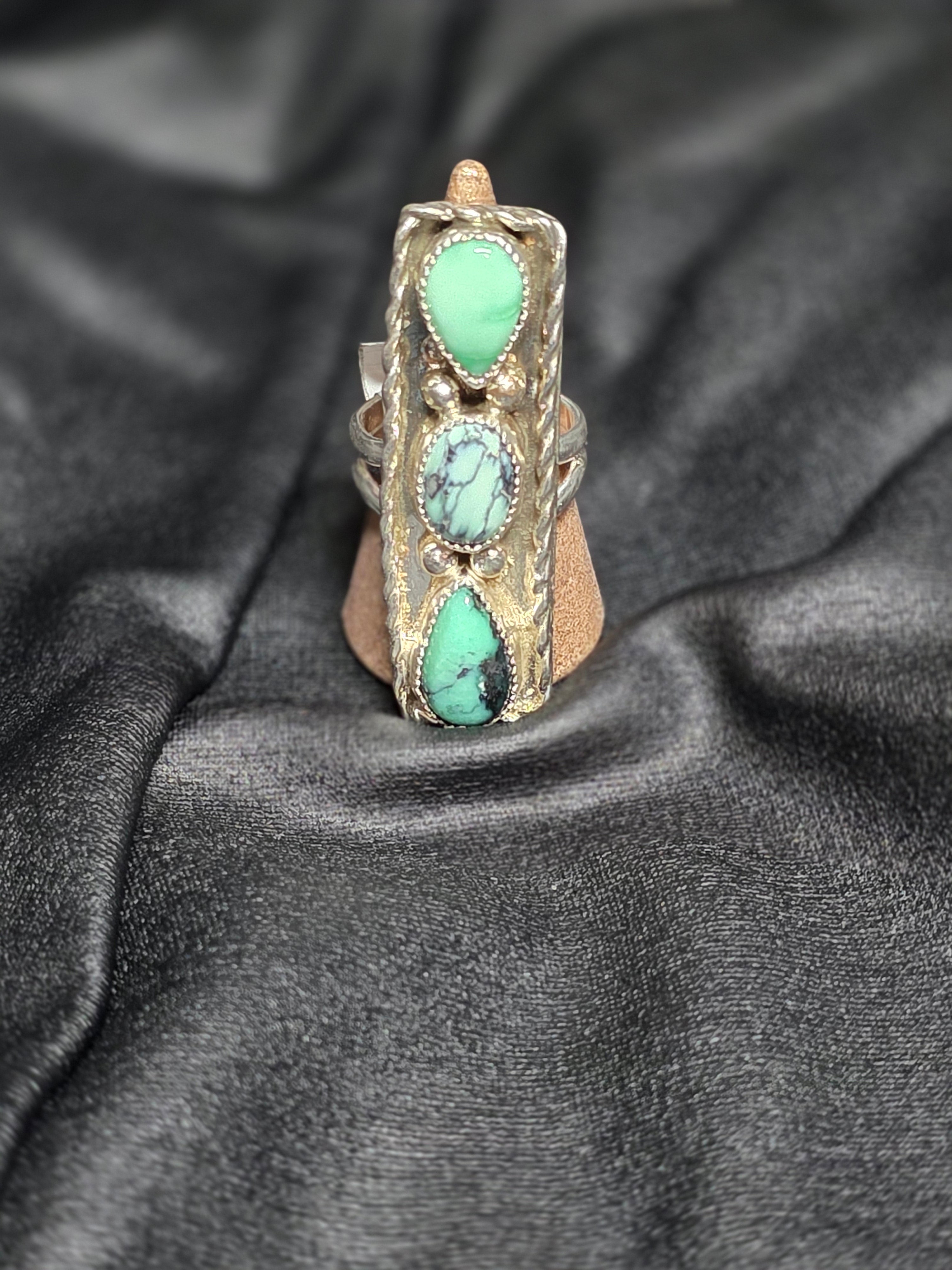 THREE STONE VARISCITE 925 SILVER RING SIZE 7
