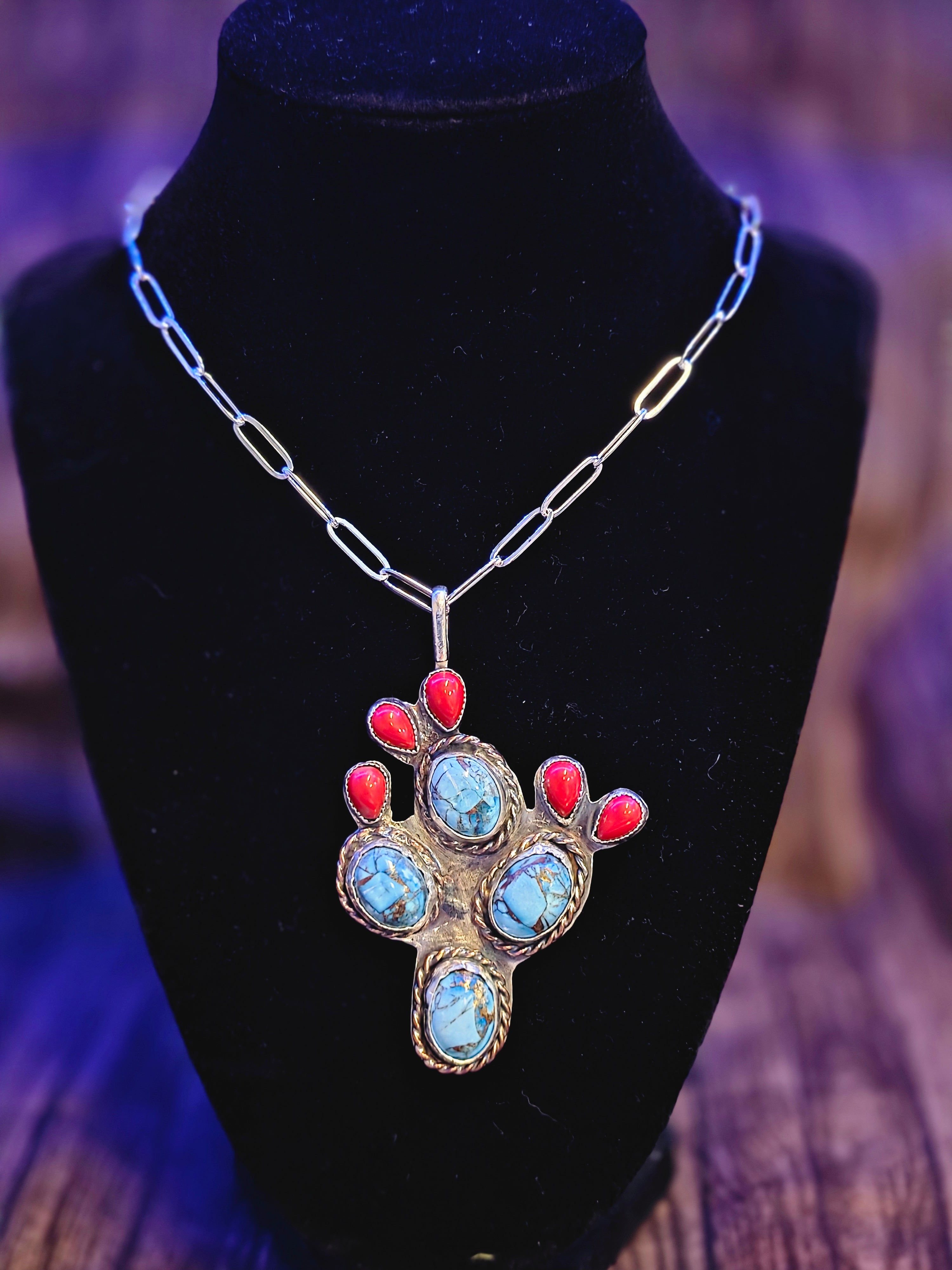 RED CORAL AND MOHAVE TURQUOISE  CACTUS NECKLACE