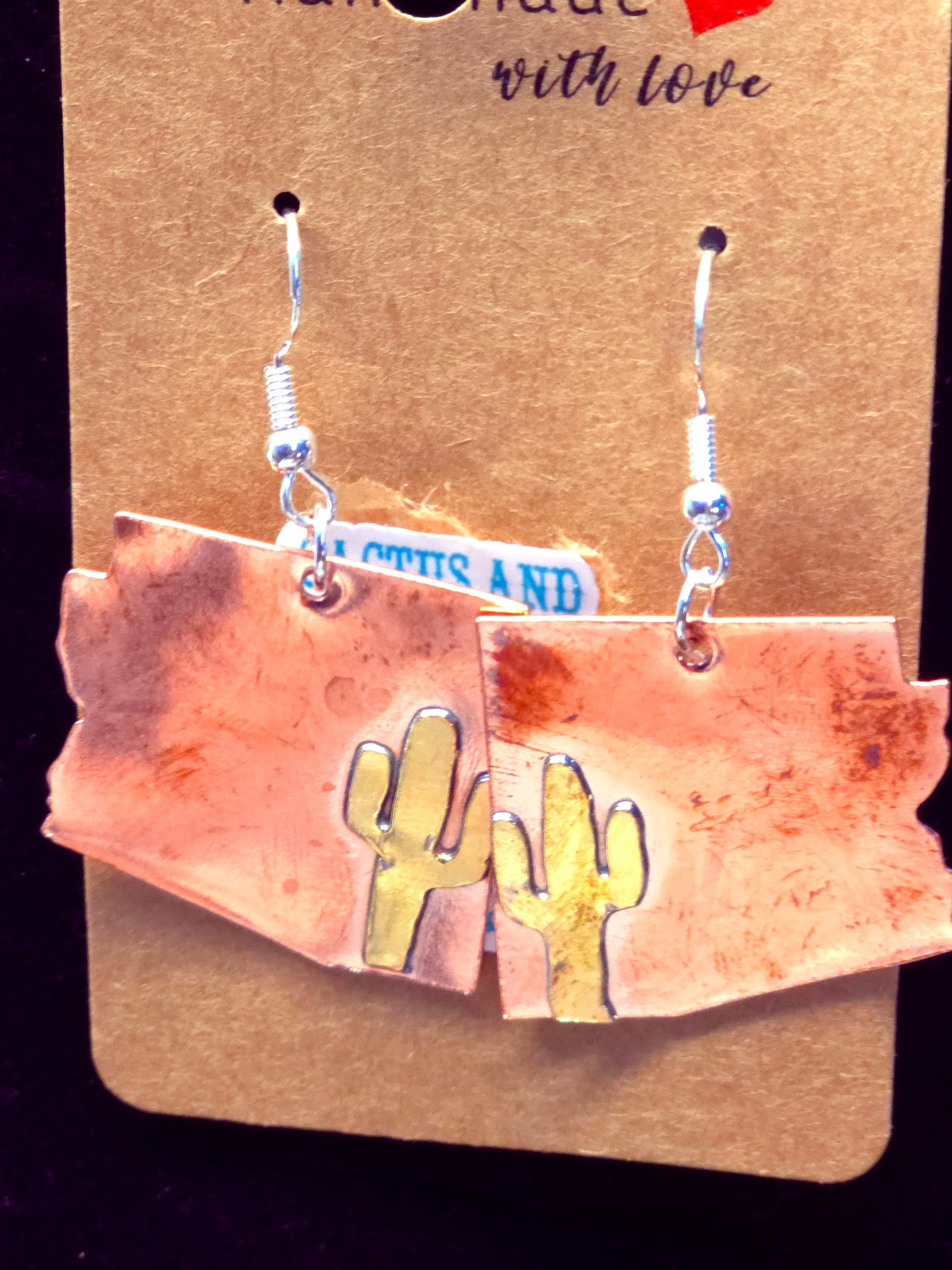 COPPER AZ STATE WITH BRASS CACTUS EARRING