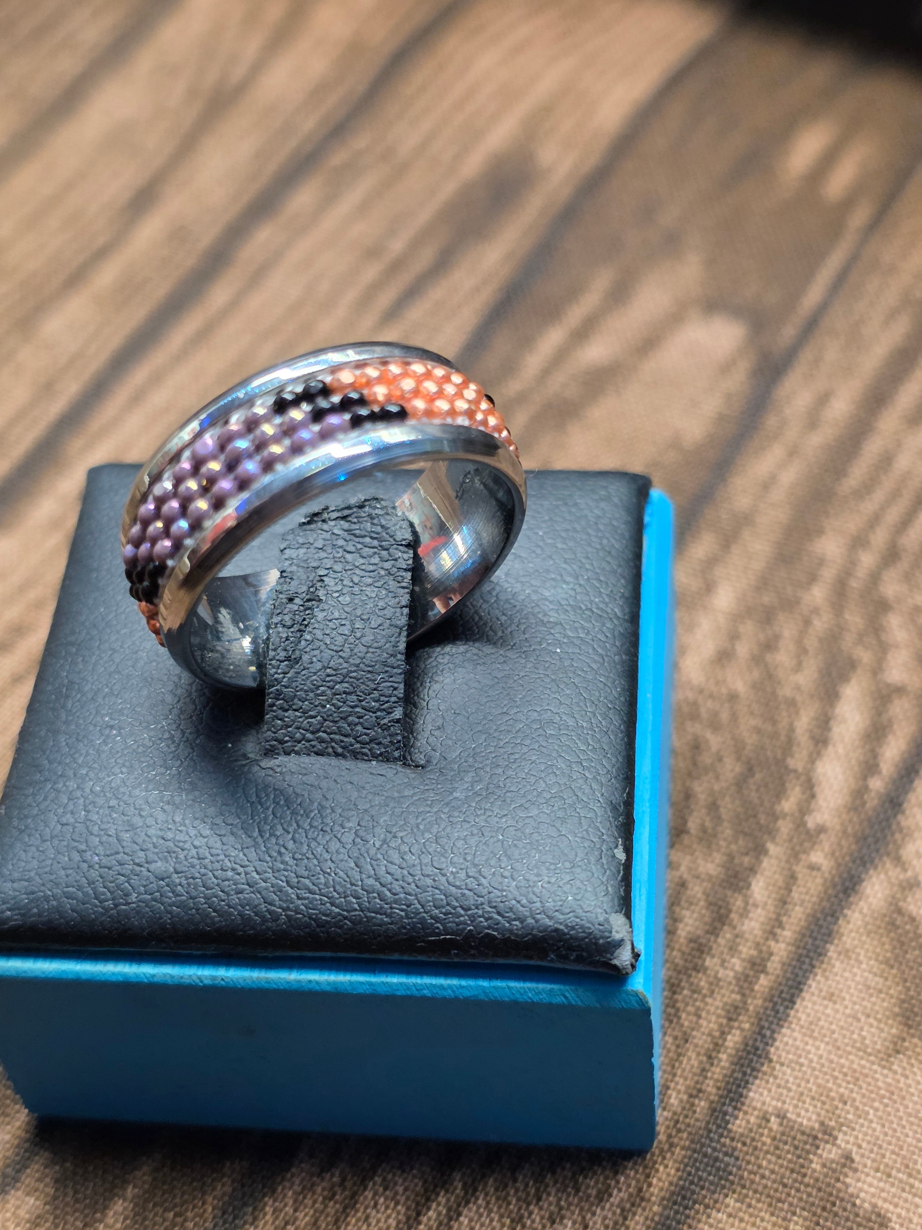 HAND BEADED STAINLESS STEEL RING SIZE 7