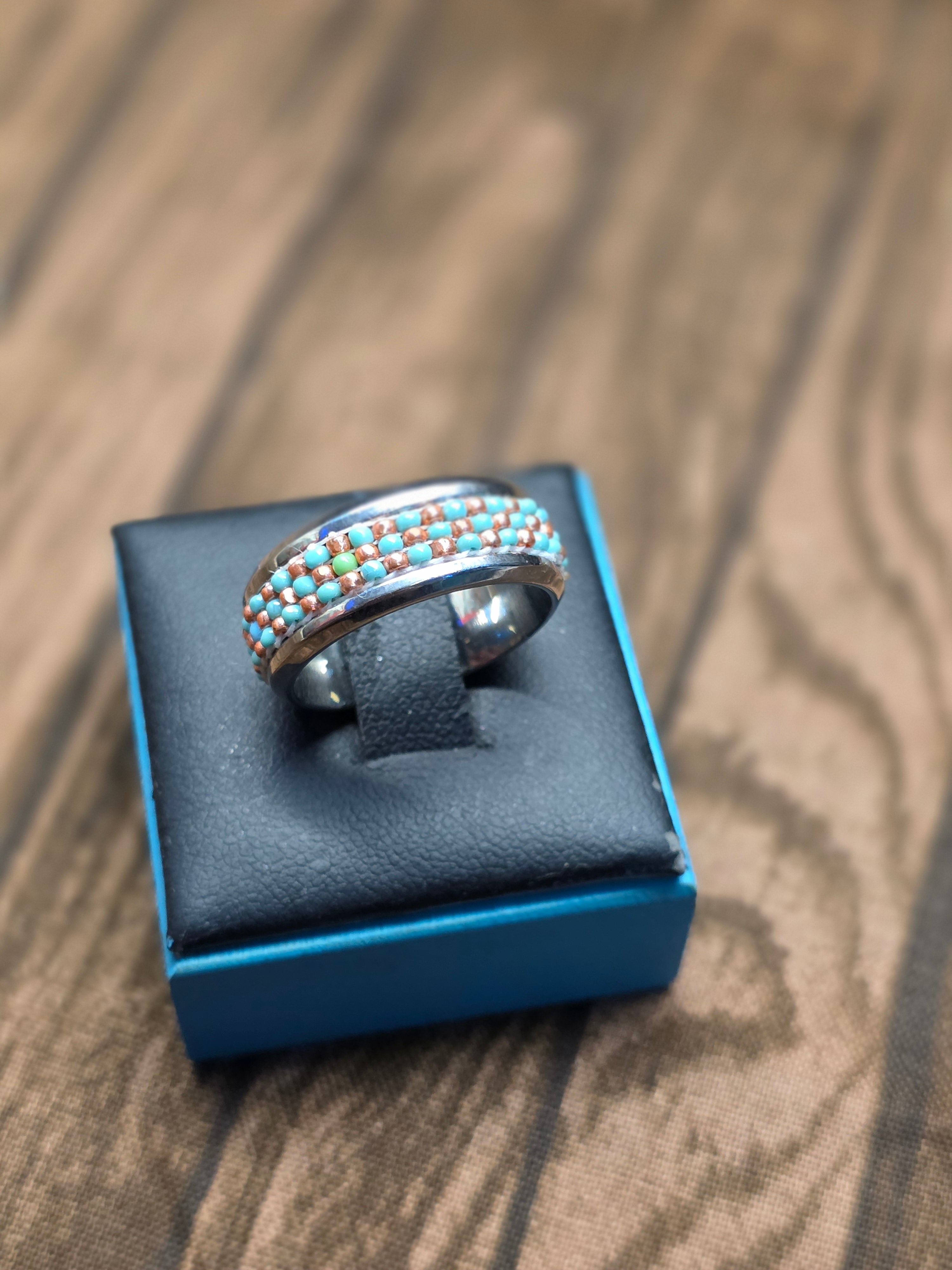 HAND BEADED STAINLESS STEEL RING SIZE 7