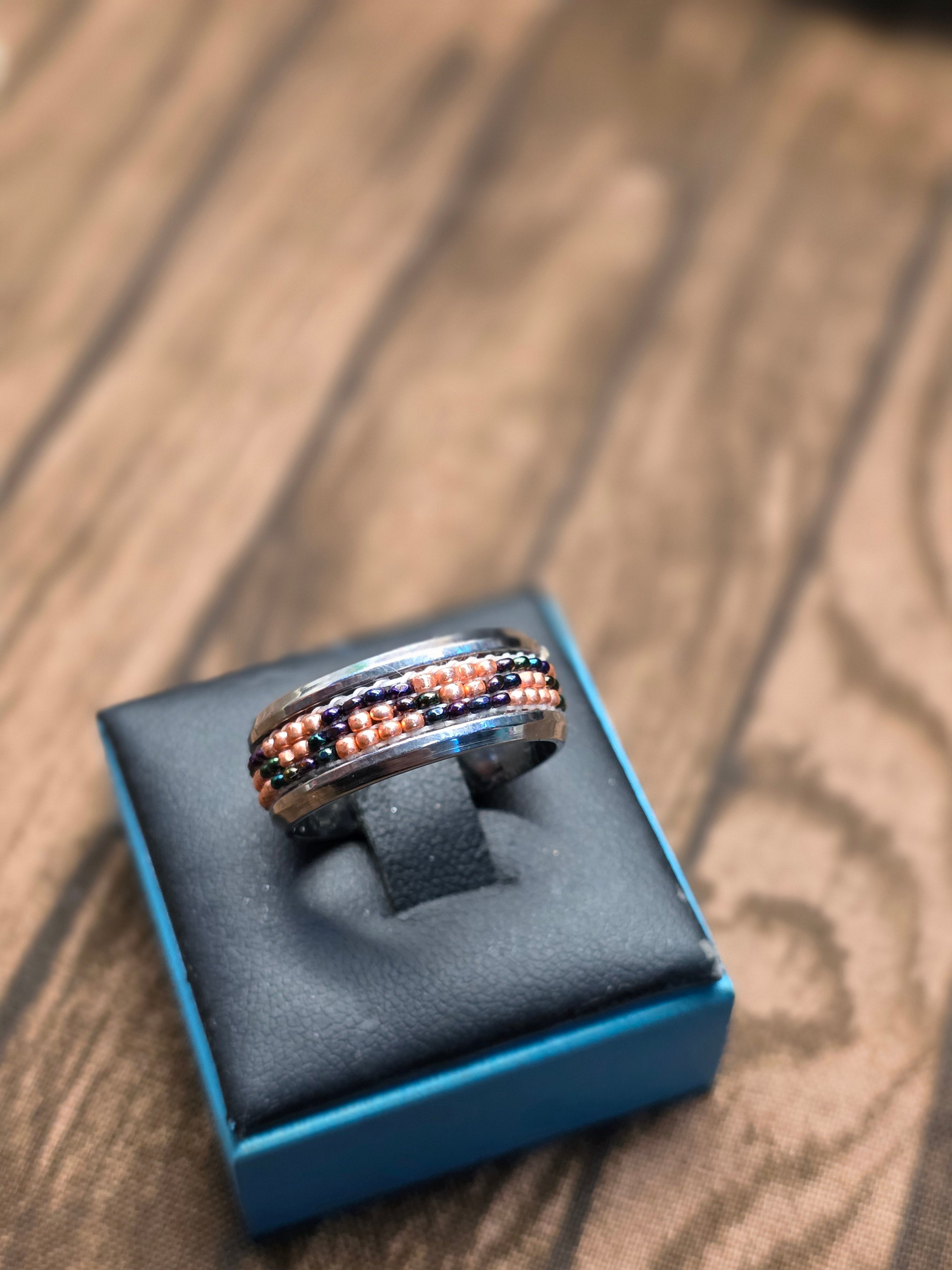 HAND BEADED STAINLESS STEEL RING SIZE 7