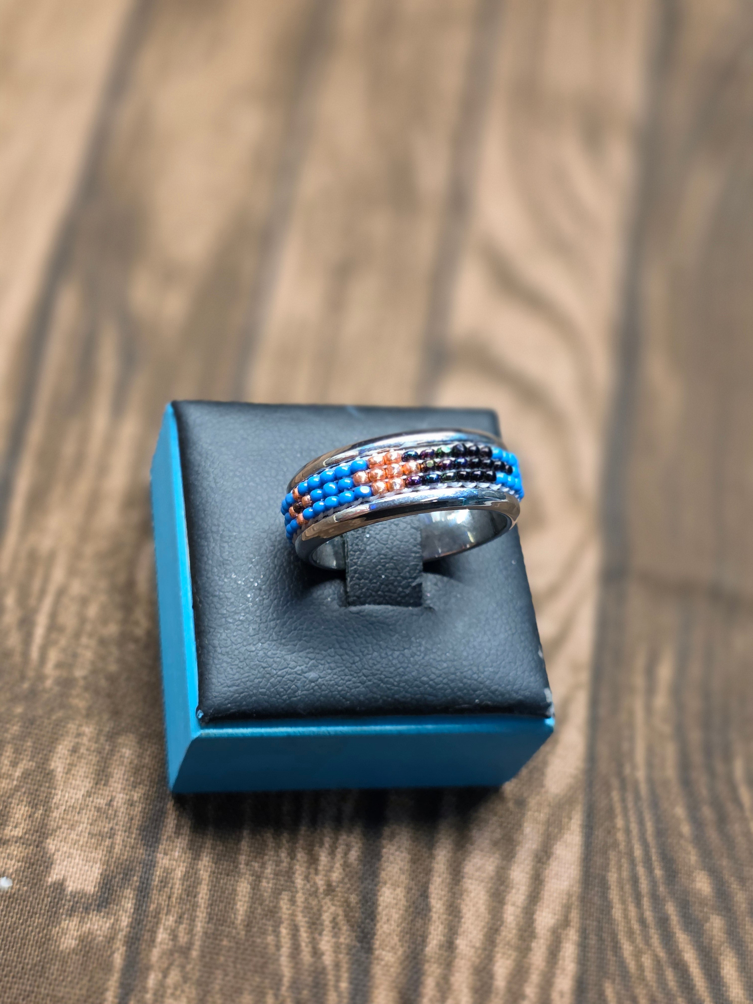 HAND BEADED STAINLESS STEEL RING SIZE 8