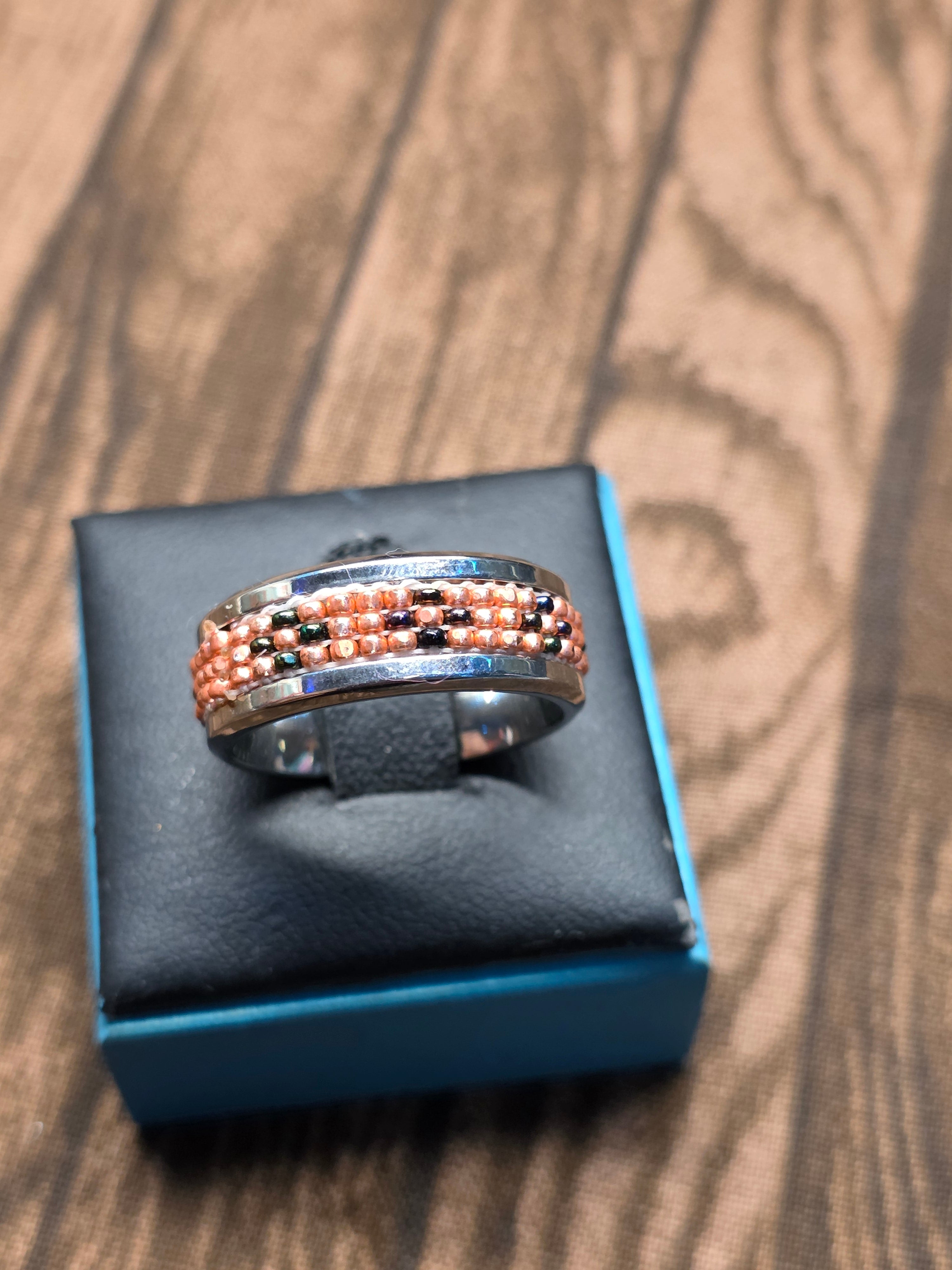 HAND BEADED STAINLESS STEEL RING SIZE 8