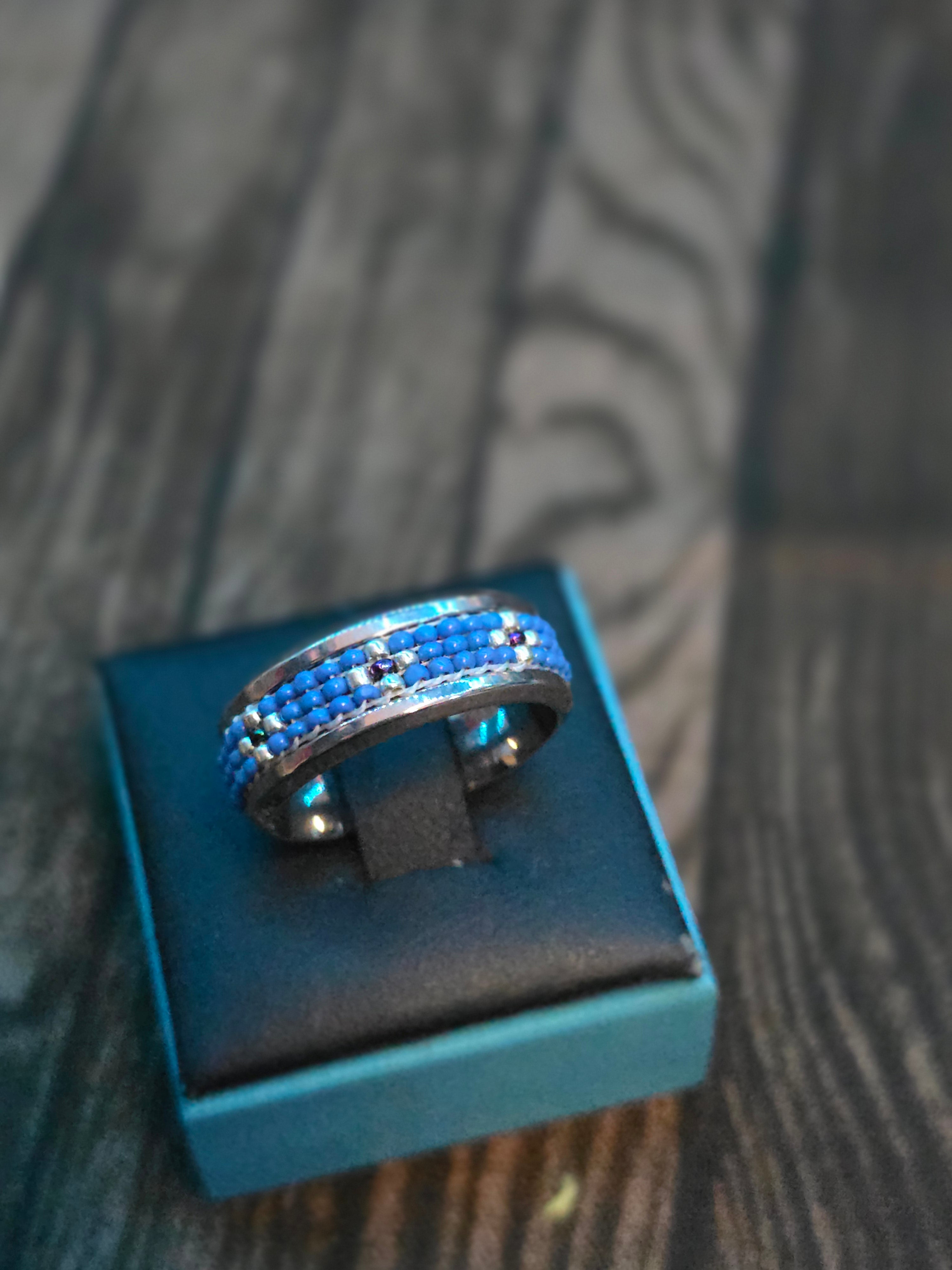 HAND BEADED STAINLESS STEEL RING SIZE 9