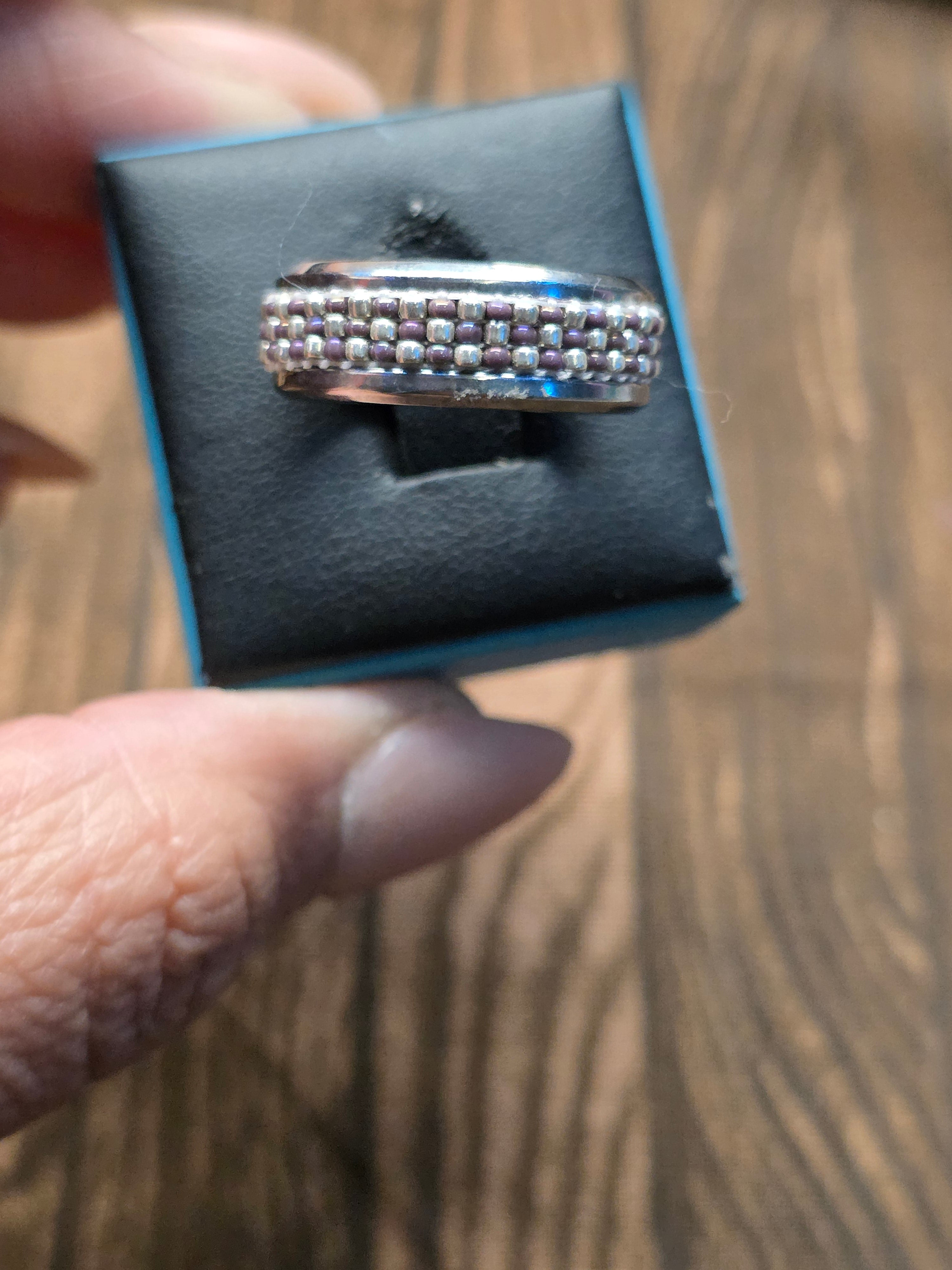 HAND BEADED STAINLESS STEEL RING SIZE 9