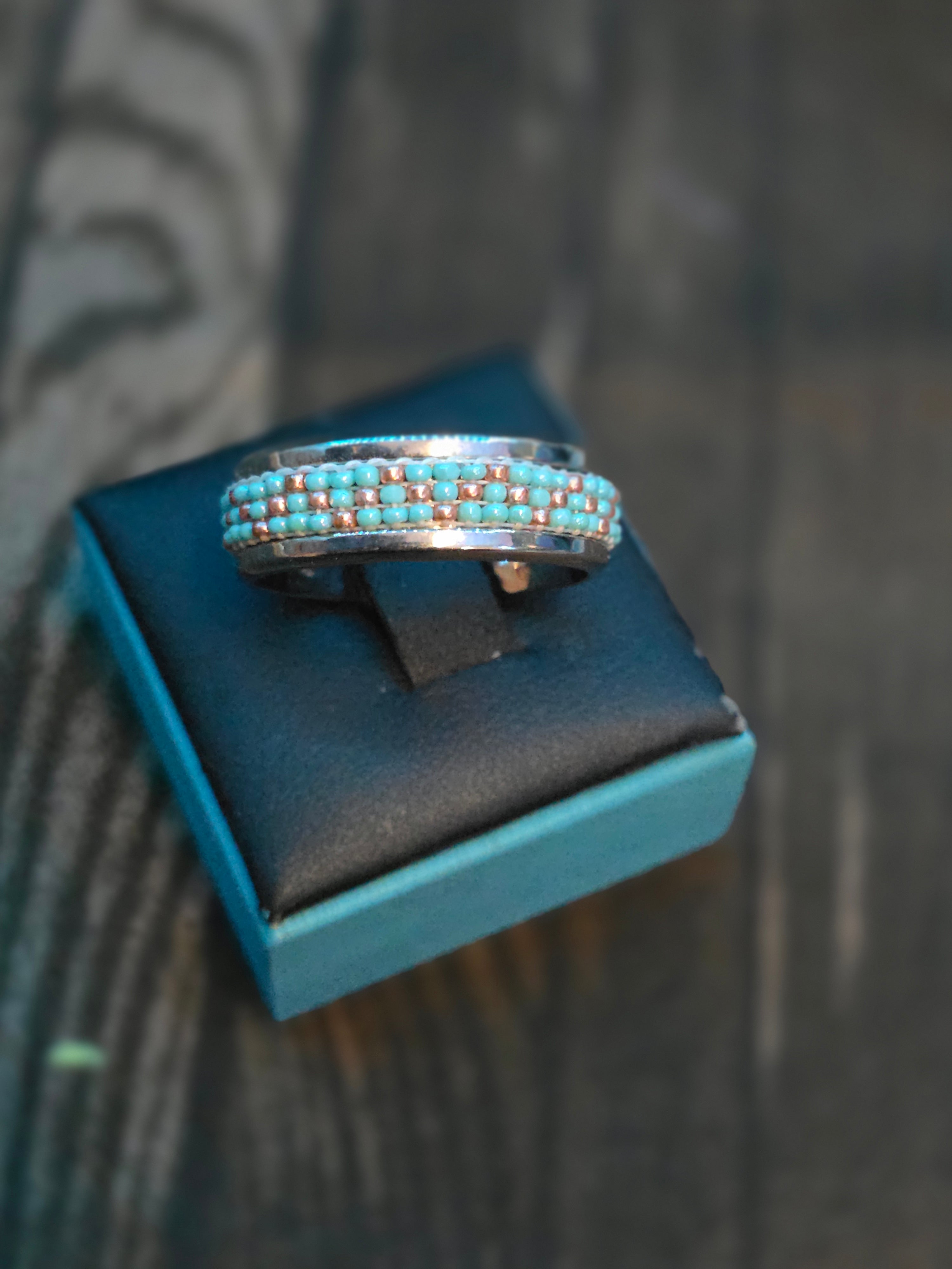 HAND BEADED STAINLESS STEEL RING SIZE 11