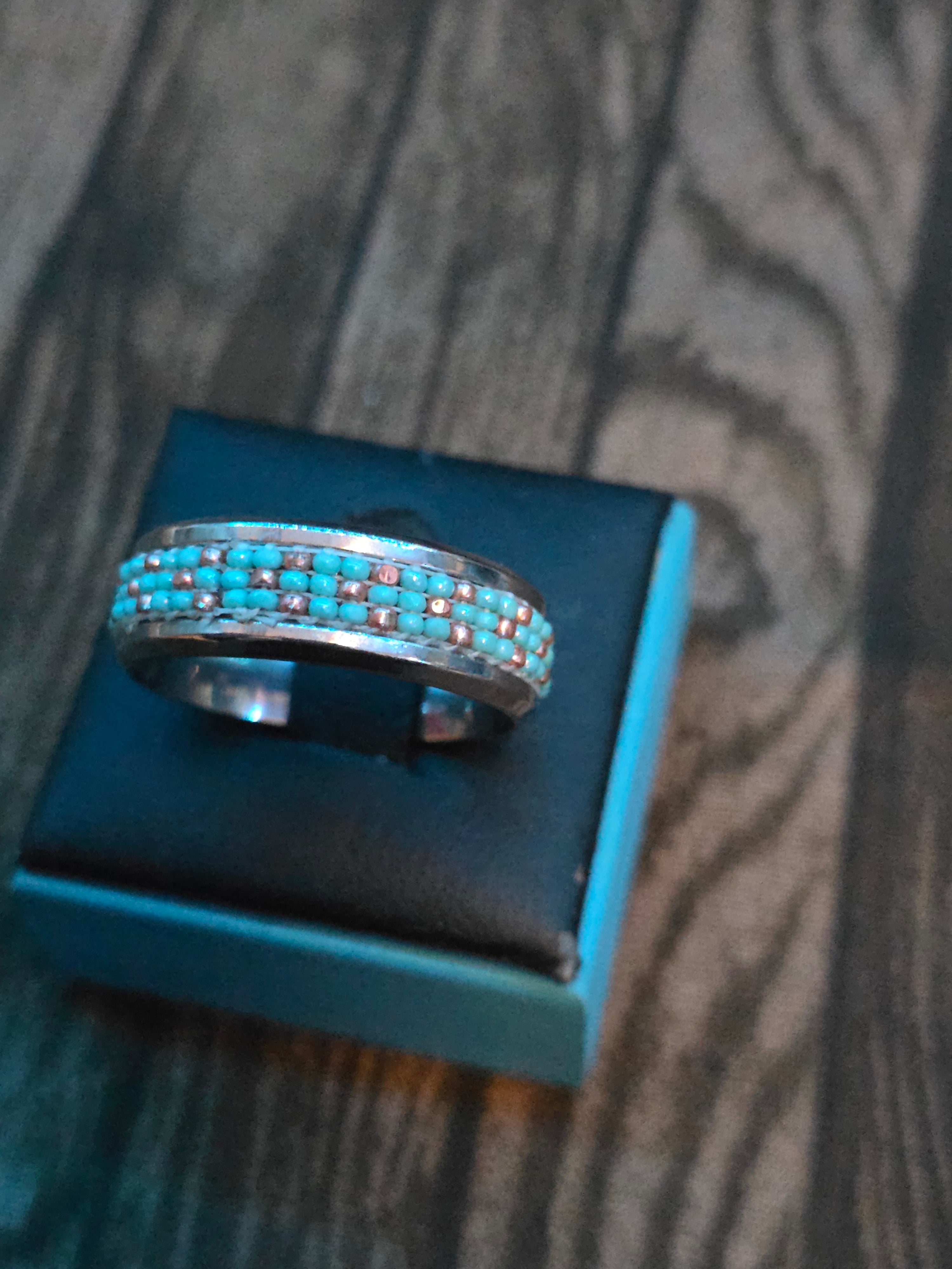 HAND BEADED STAINLESS STEEL RING SIZE 11