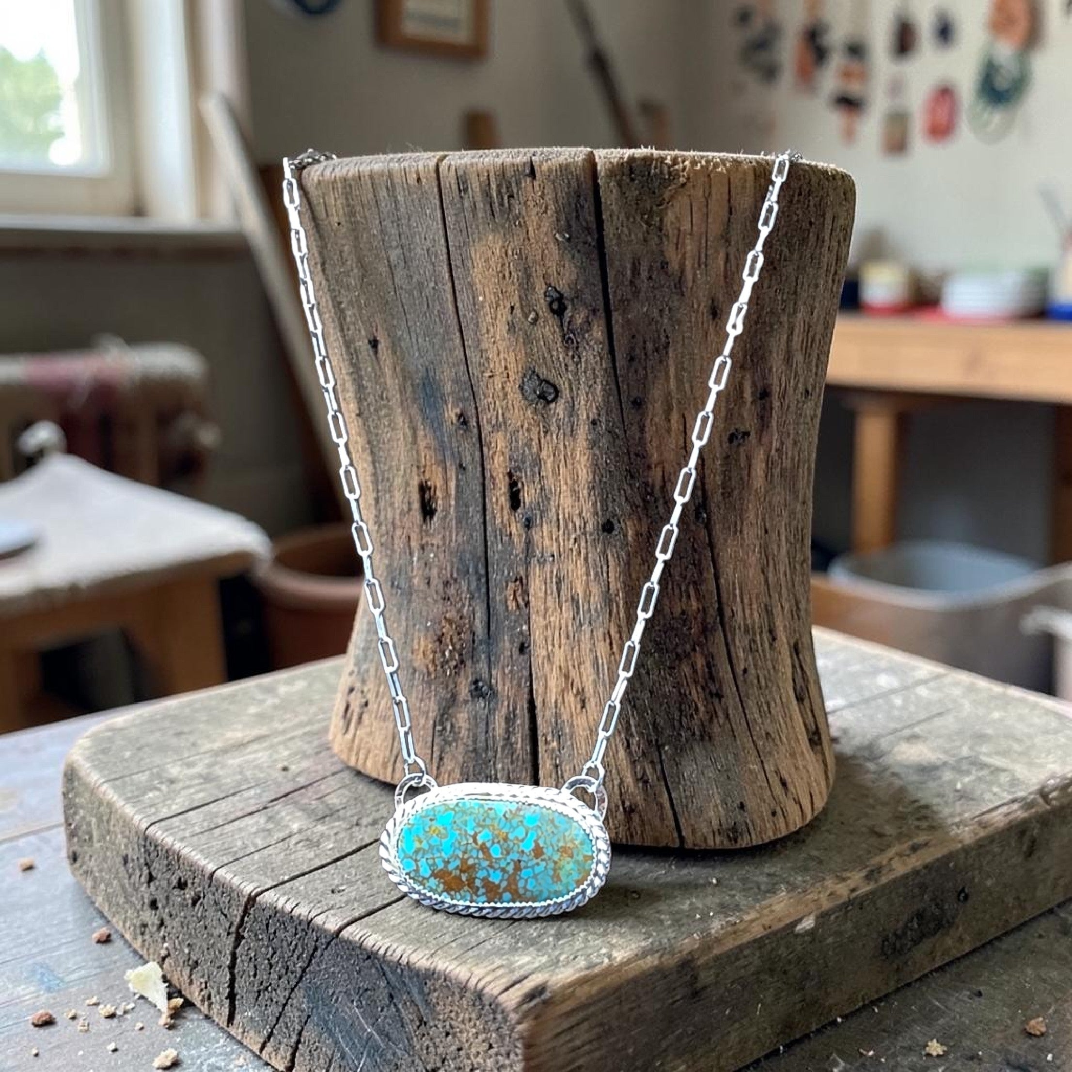 KINGMAN SPIDERWEB TURQUOISE STAKER NECLACE WITH STERLING SILVER CHAIN