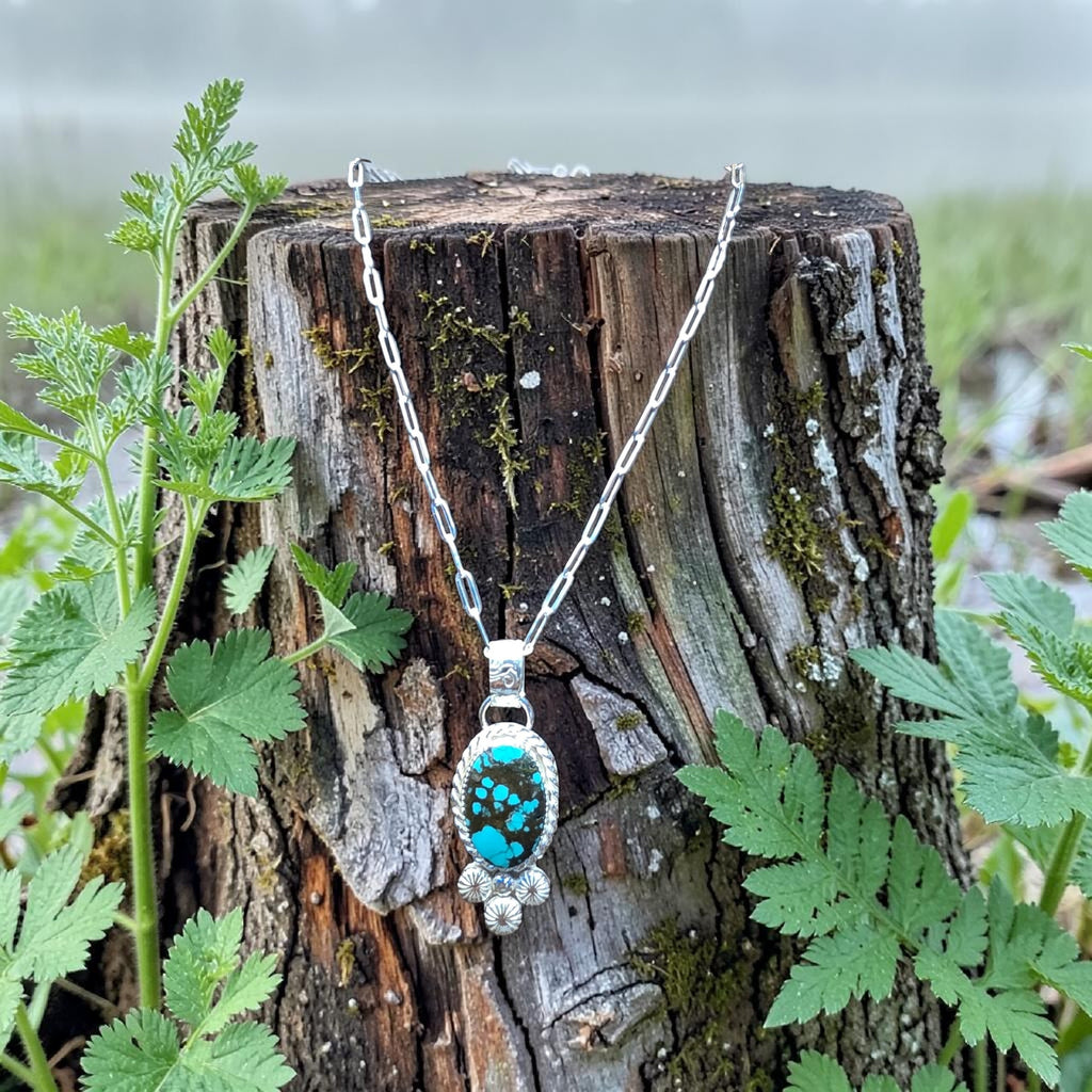 HUBEI TURQUOISE NECKLACE WITH STERLING SILVER CHAIN