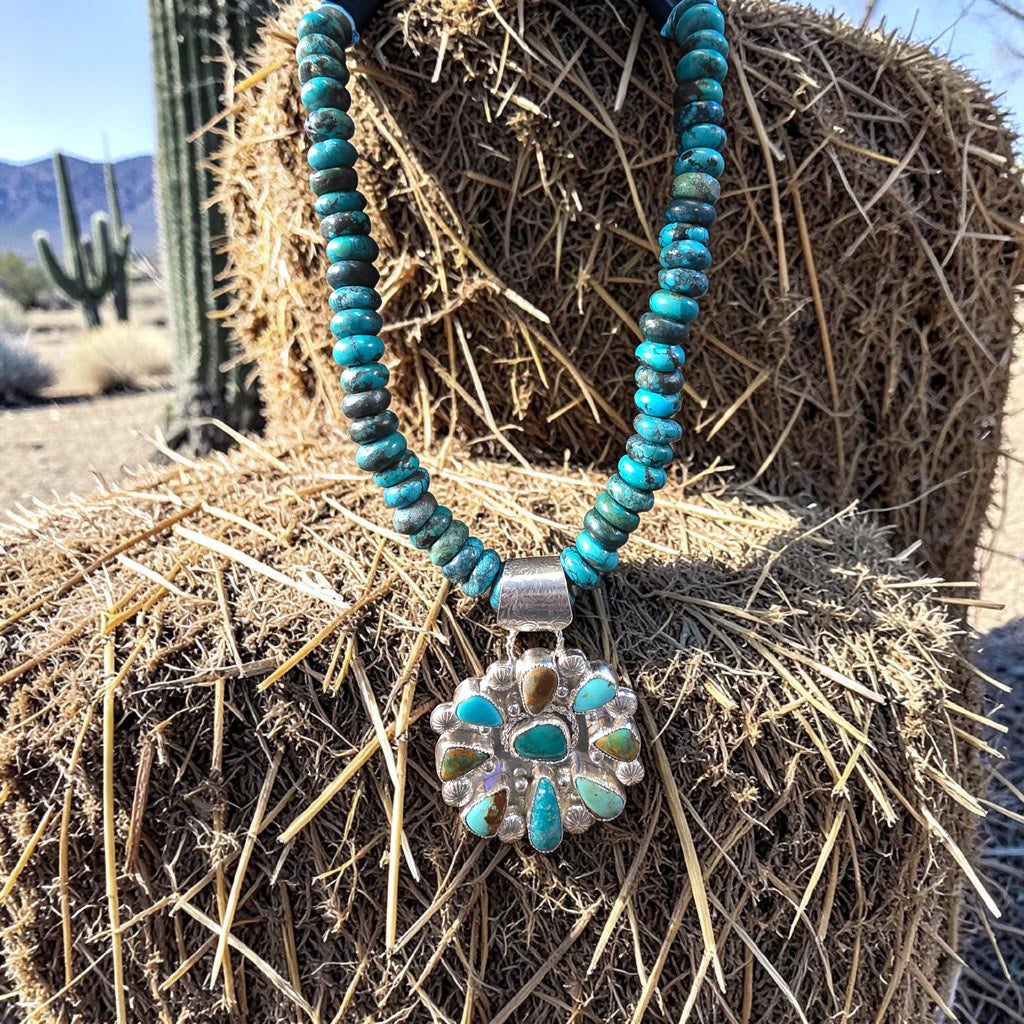 HUBEI TURQUOISE 10MM BEADED NECKLACE WITH A ROYSTON TURQUOISE STERLING SILVER PENDEANT