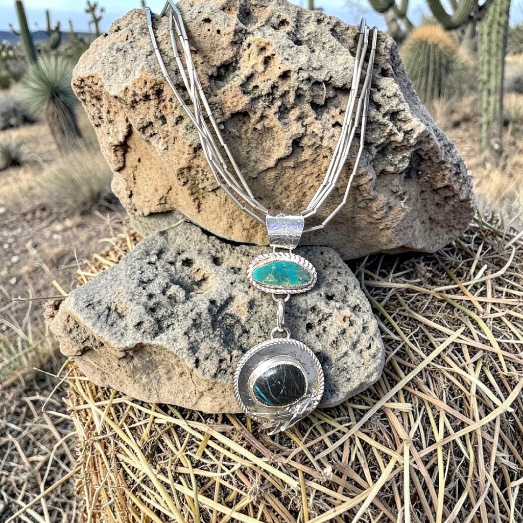 5 STRAND LIQUID STERLING SILVER NECKLACE WITH 2 TEIR DROP STERLING SILVER KINGMAN TURQUOISE AND BLACKJACK TURQUOISE AND FEATHER DETAILS