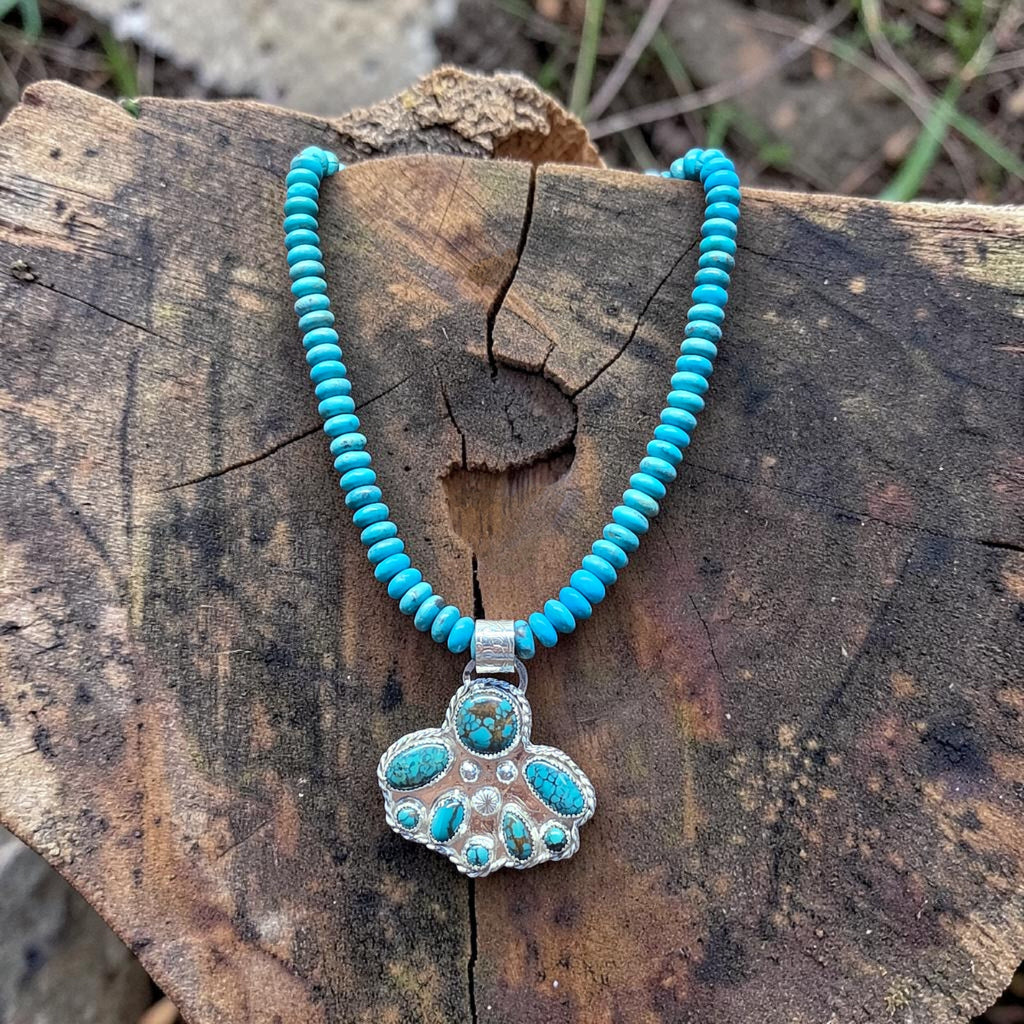 KINGMAN TURQUOISE 8 MM BEADED NECKLACE WITH SPIDERWEB TURQUOISE STERLING SILVER PENDANT