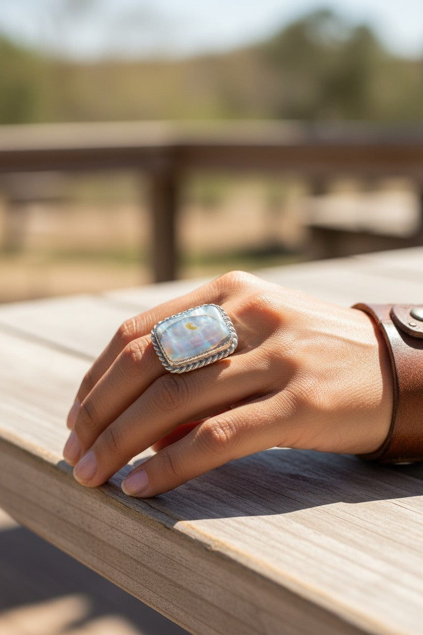 Abalone Shell Square Sterling Silver Ring Size