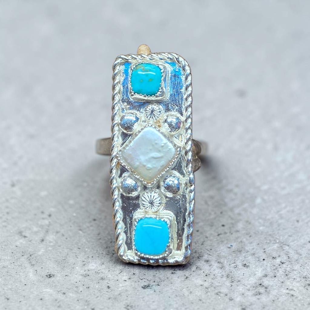 KINGMAN TURQUOISE AND PEARLS LONG RING SIZE 8