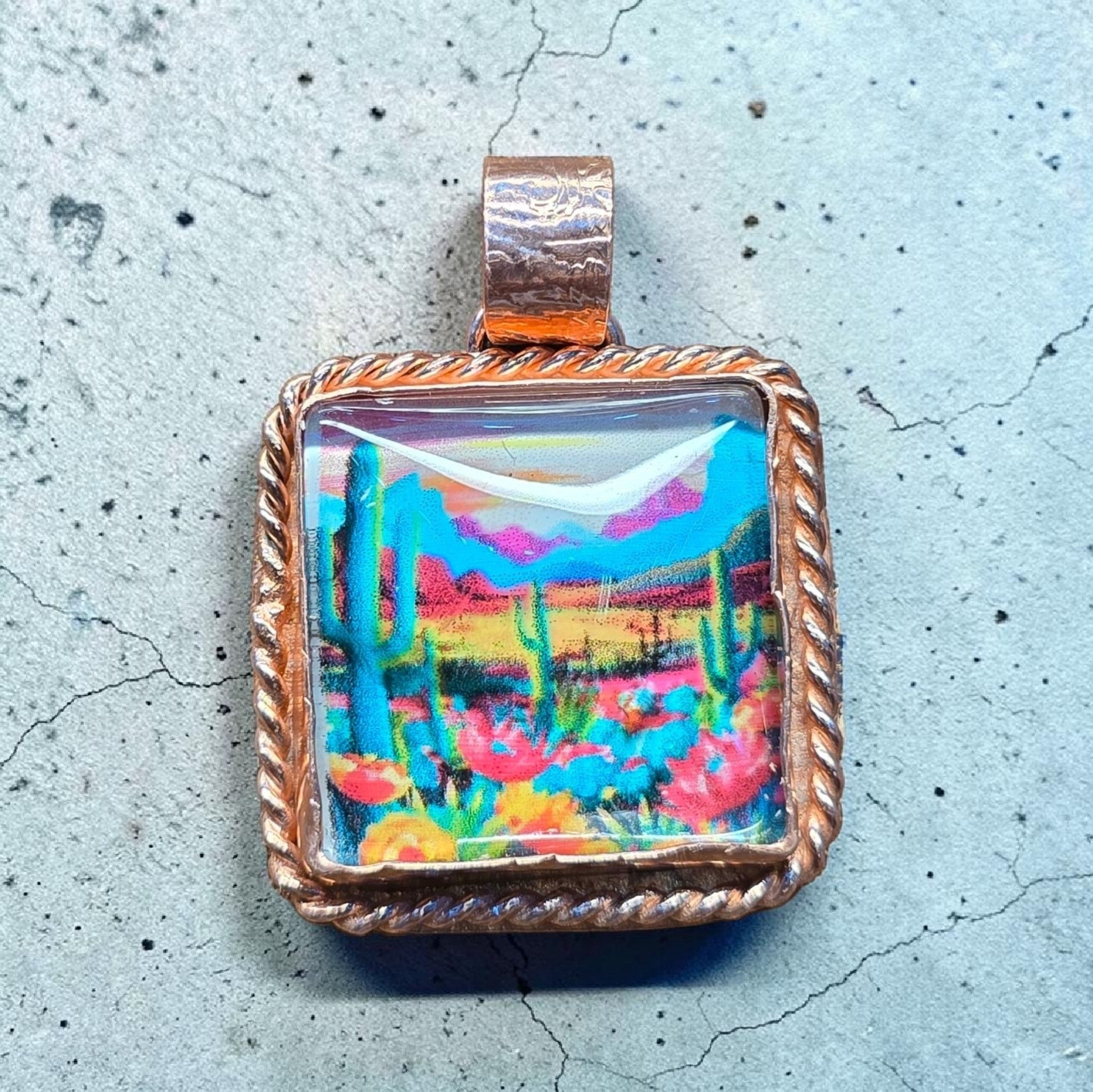 COPPER CACTUS SCENE NECKLACE PENDANT SQUARE